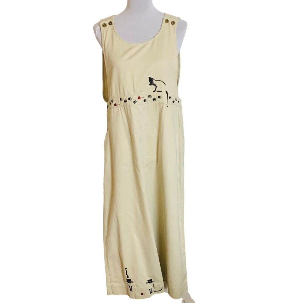 Christopher & Banks Overall Maxi Dress Size M  Beige Embroidered Cat Paw Print